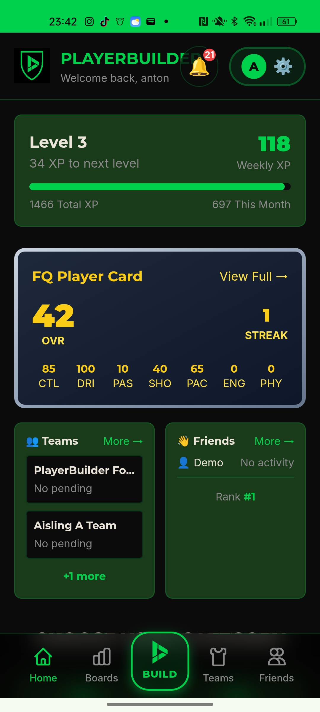 PlayerBuilder app dashboard
