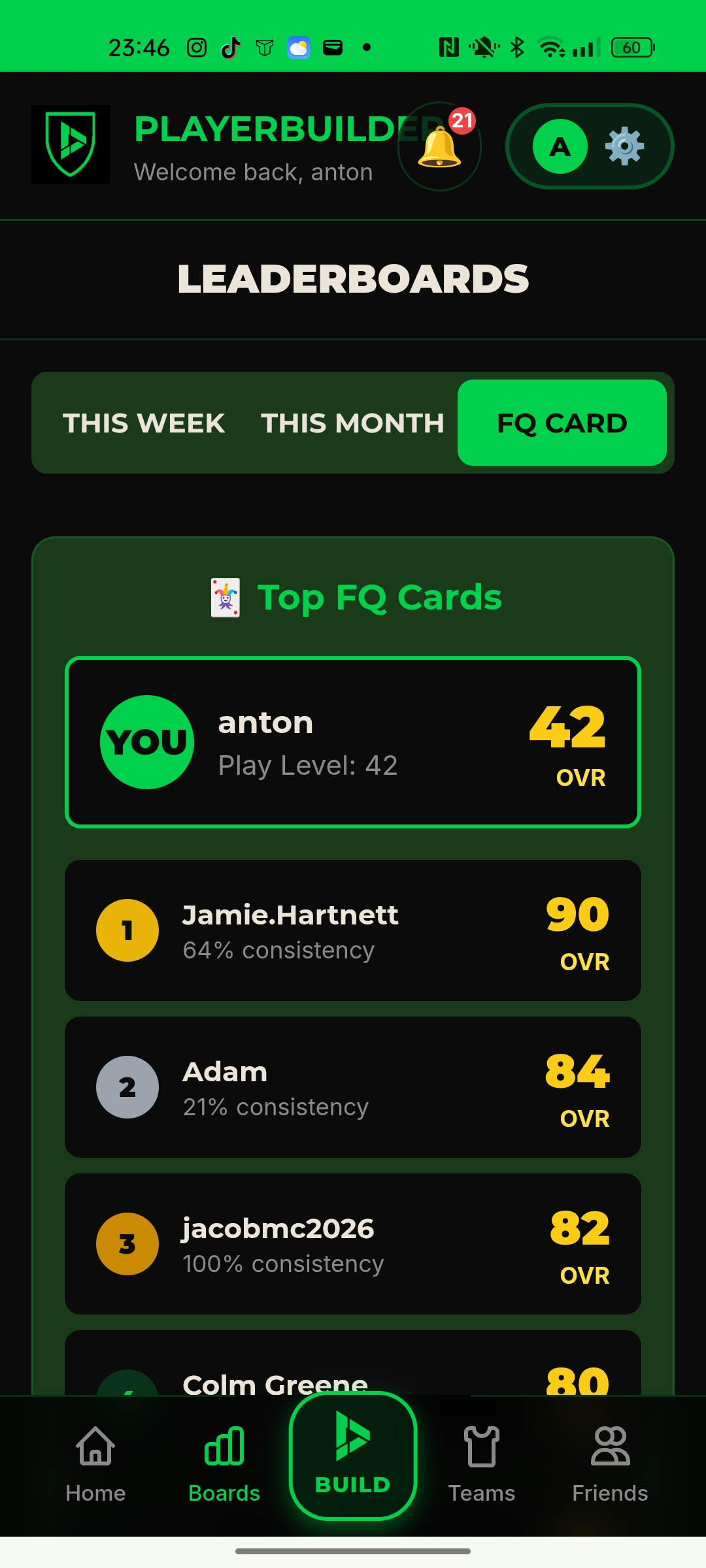 PlayerBuilder leaderboard showing FQ card rankings and consistency percentages