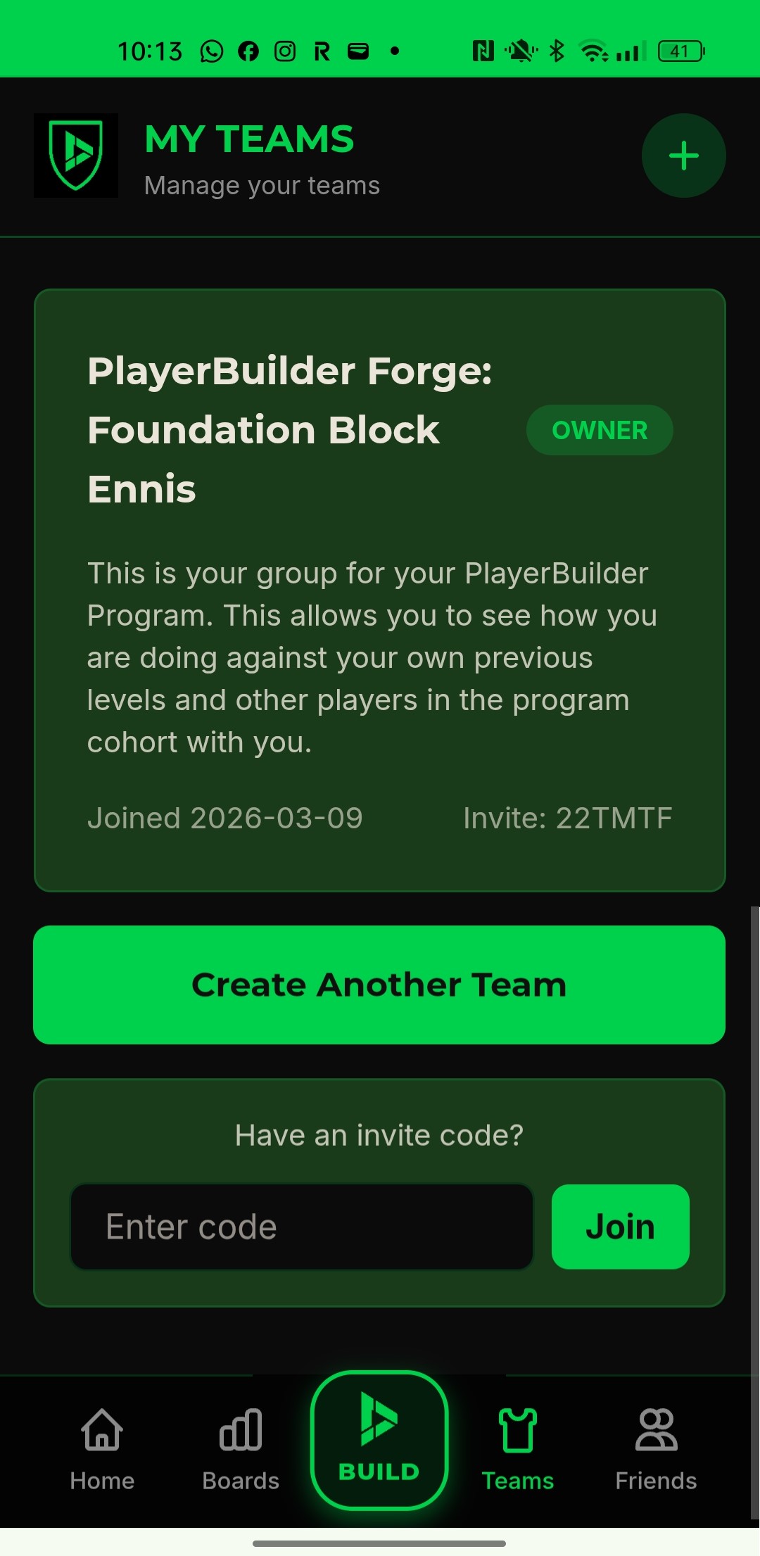 PlayerBuilder teams screen showing programme group integration with invite code