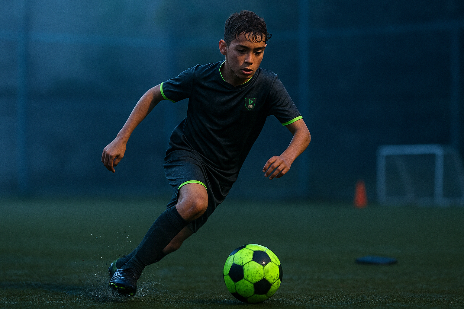 Player in street-style football action
